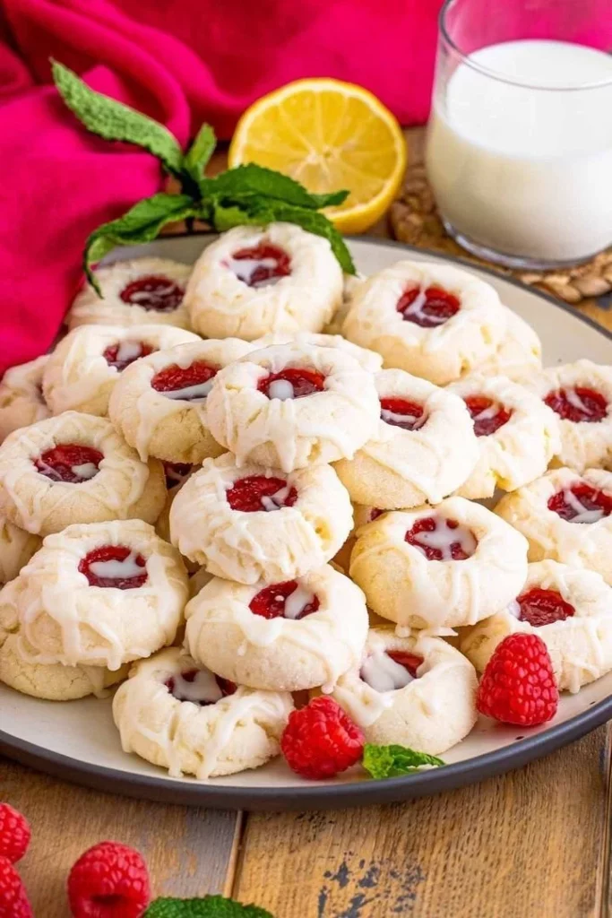 Freshly baked Raspberry Thumbprint Cookies with a cherry jam filling