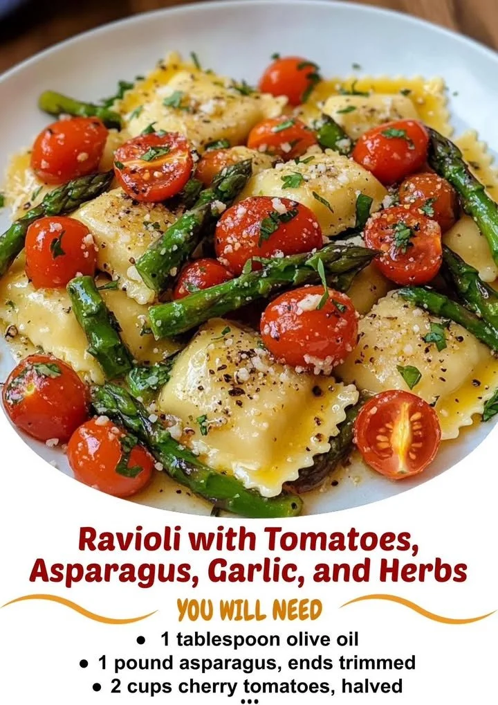 Plate of ravioli with tomatoes, asparagus, garlic, and fresh herbs