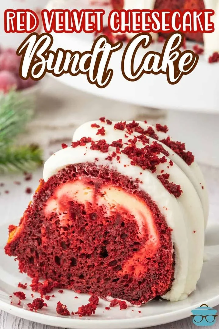 Delicious Red Velvet Cheesecake Bundt Cake with cream cheese frosting