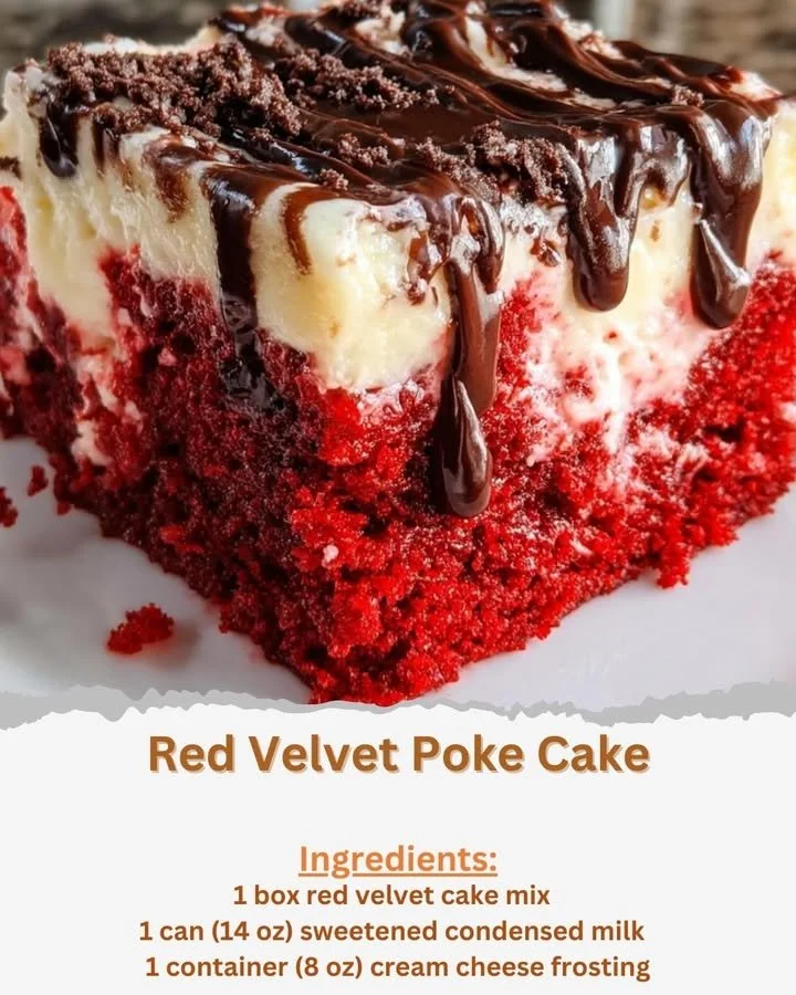 Delicious Red Velvet Poke Cake with creamy frosting and cake layers