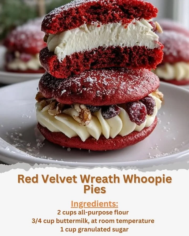 Red Velvet Wreath Whoopie Pies decorated for the holidays