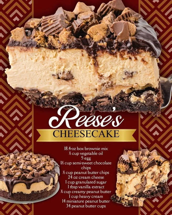 Delicious Reese's Cheesecake topped with peanut butter cups and chocolate drizzle