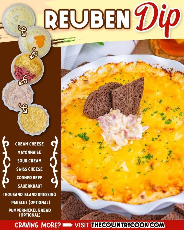 Creamy Reuben Dip served with crackers and garnished with herbs