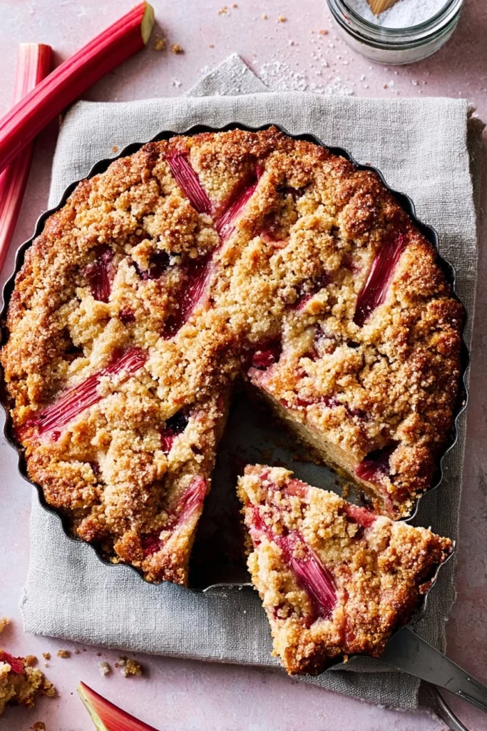A freshly baked rhubarb buckle dessert on a serving plate