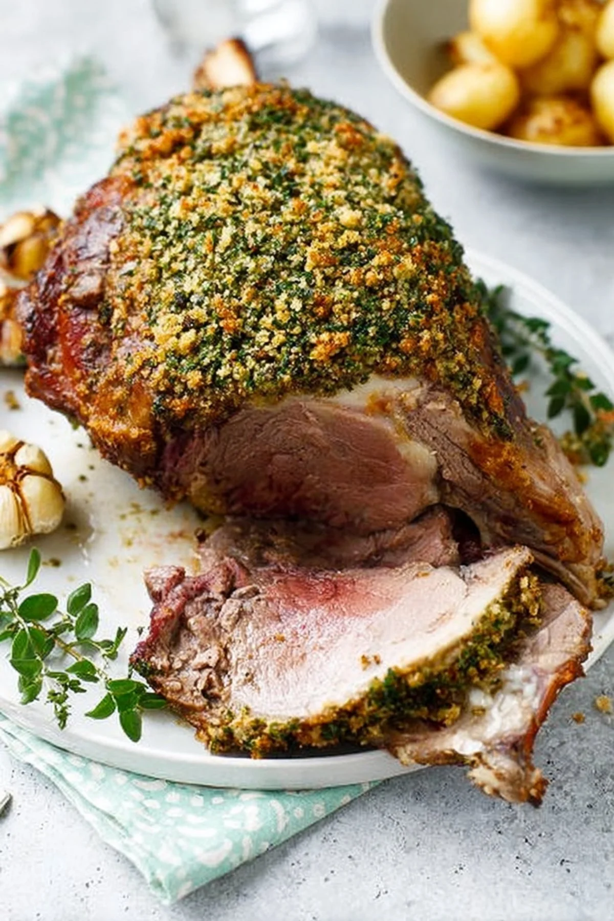 Roast lamb garnished with fresh spring herbs and crunchy crumbs.