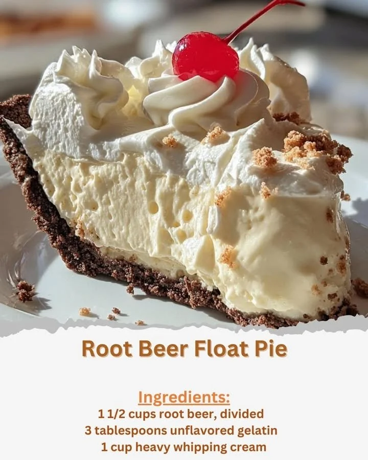 Delicious Root Beer Float Pie topped with whipped cream and root beer flavor
