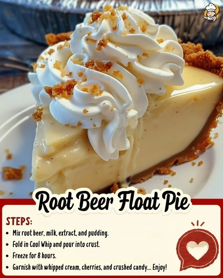 Slice of Root Beer Float Pie served on a plate with root beer bottle in background.