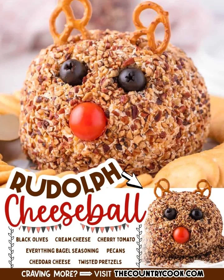 Festive Rudolph Cheeseball decorated with red pepper nose and pretzel antlers