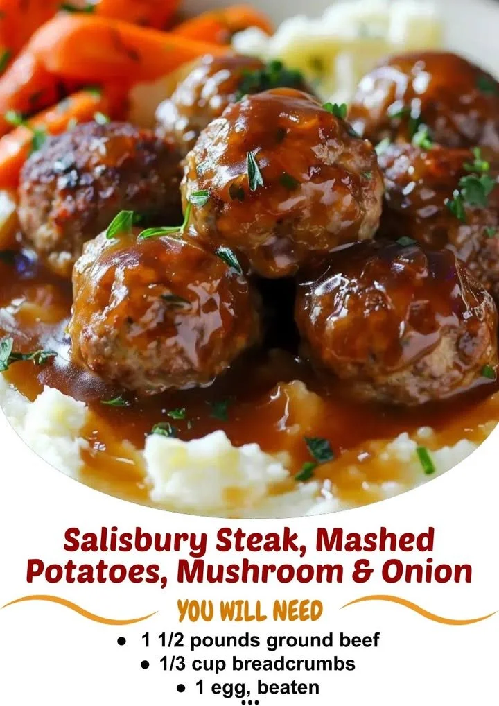 Salisbury steak with garlic mashed potatoes and mushroom onion gravy