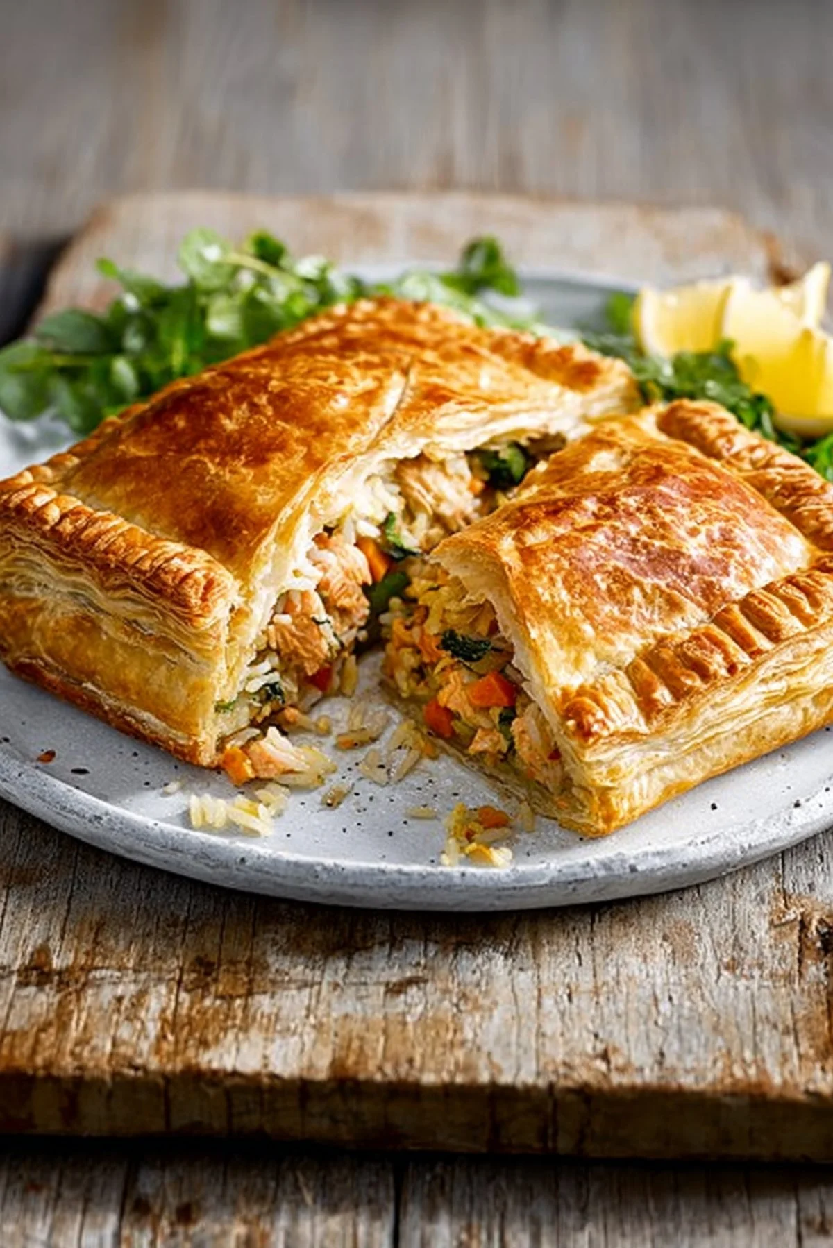 Delicious salmon pastry parcel with lemon rice filling