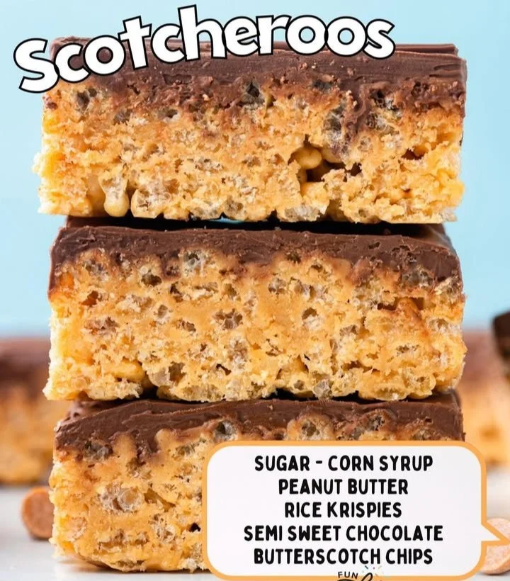 Delicious Scotcheroos Rice Krispie Treats topped with chocolate and peanut butter