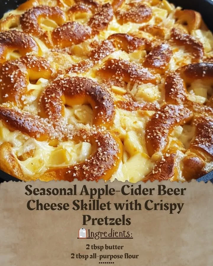 Delicious apple-cider beer cheese skillet with crispy pretzels