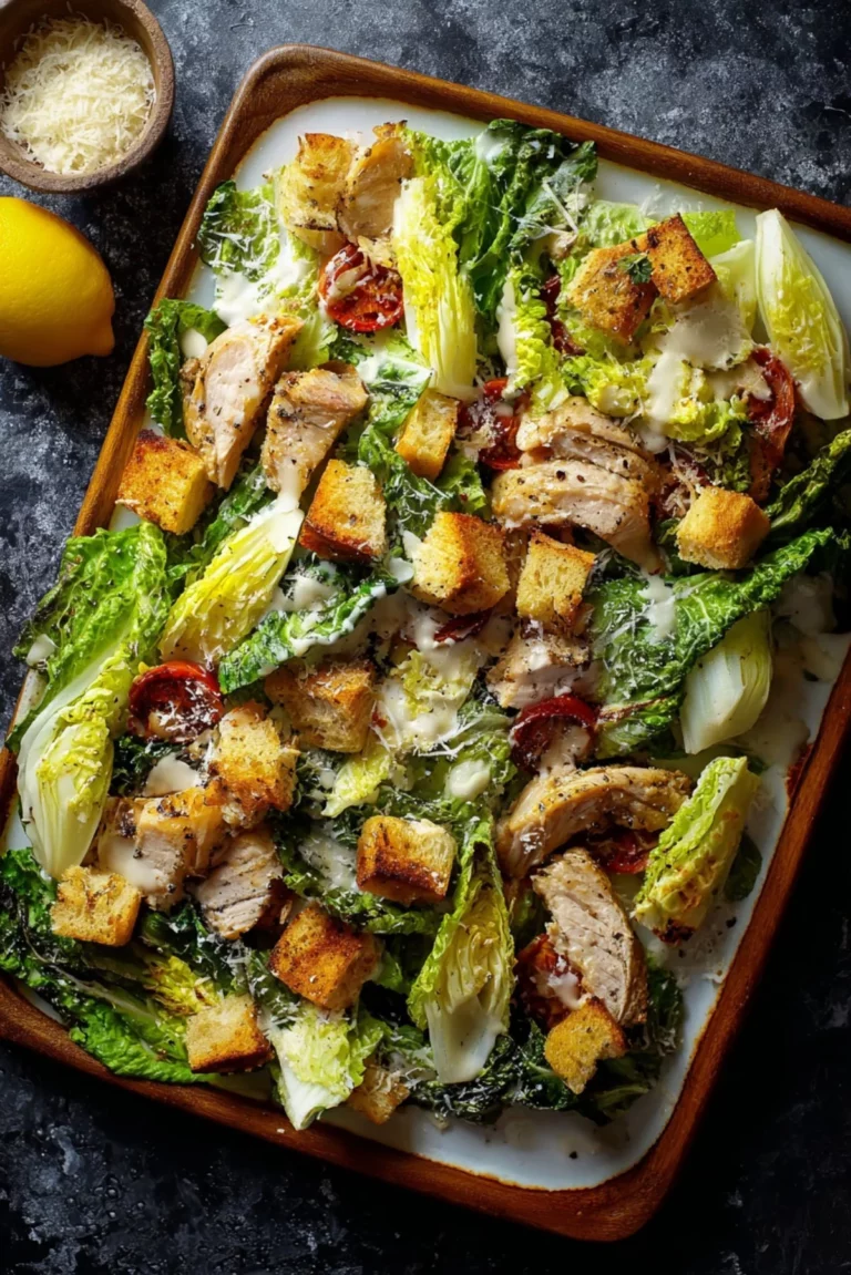 Sheet Pan Chicken Caesar Salad with grilled chicken, romaine, and dressing
