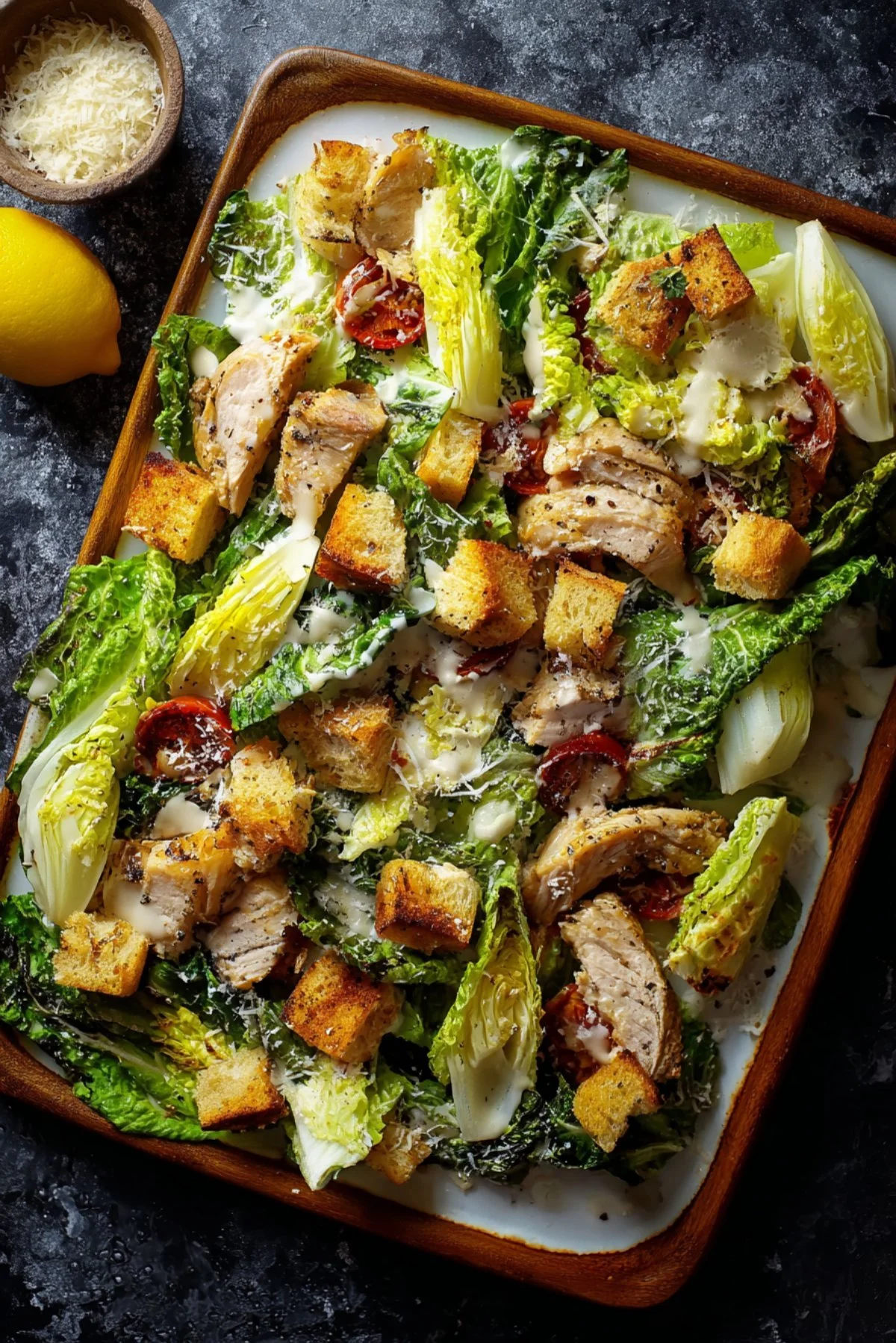 Sheet Pan Chicken Caesar Salad with grilled chicken, romaine, and dressing