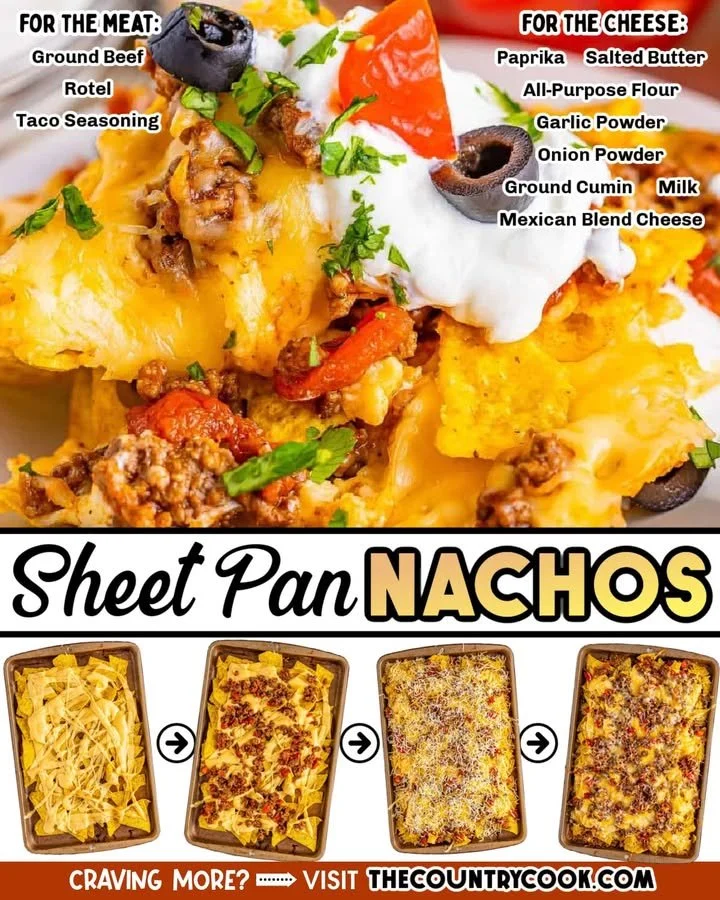 Delicious Sheet Pan Nachos topped with cheese, jalapeños, and fresh ingredients.