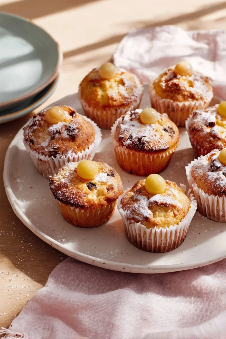 Freshly baked Simnel Muffins topped with marzipan and dried fruits.