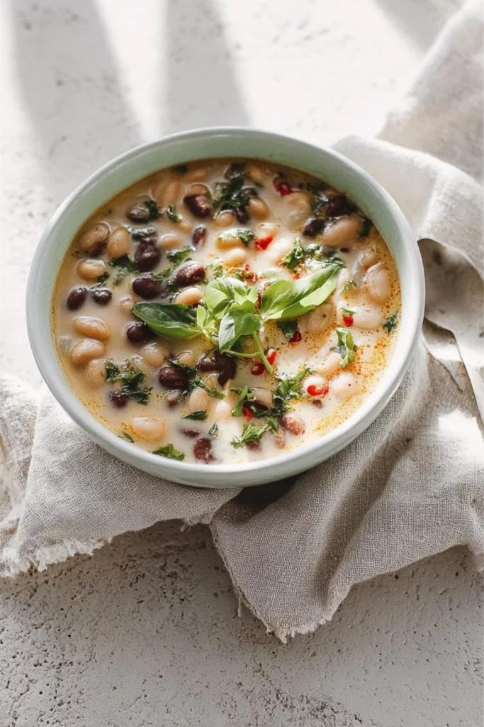 Bowl of simple coconut and bean soup garnished with fresh herbs
