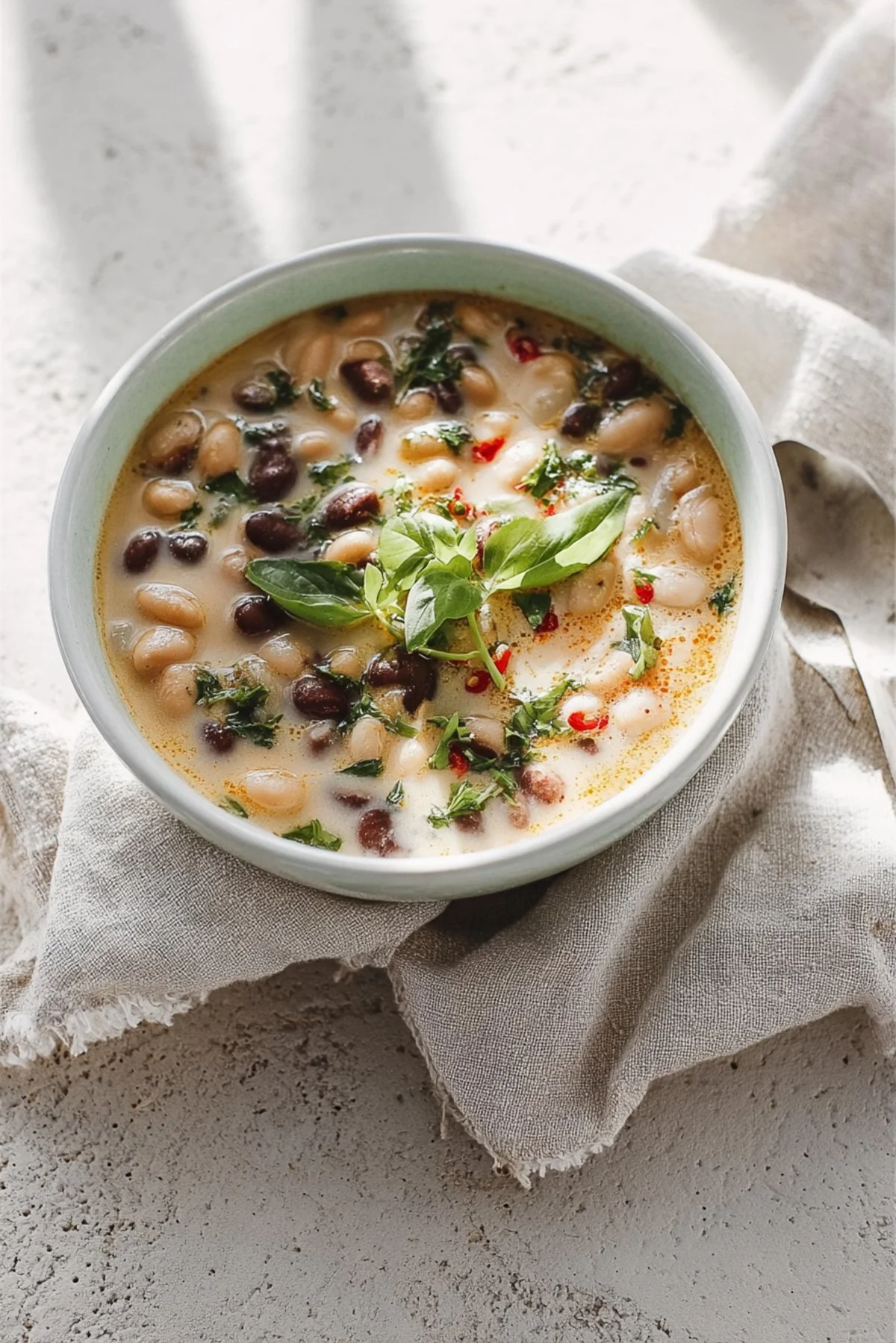 Bowl of simple coconut and bean soup garnished with fresh herbs