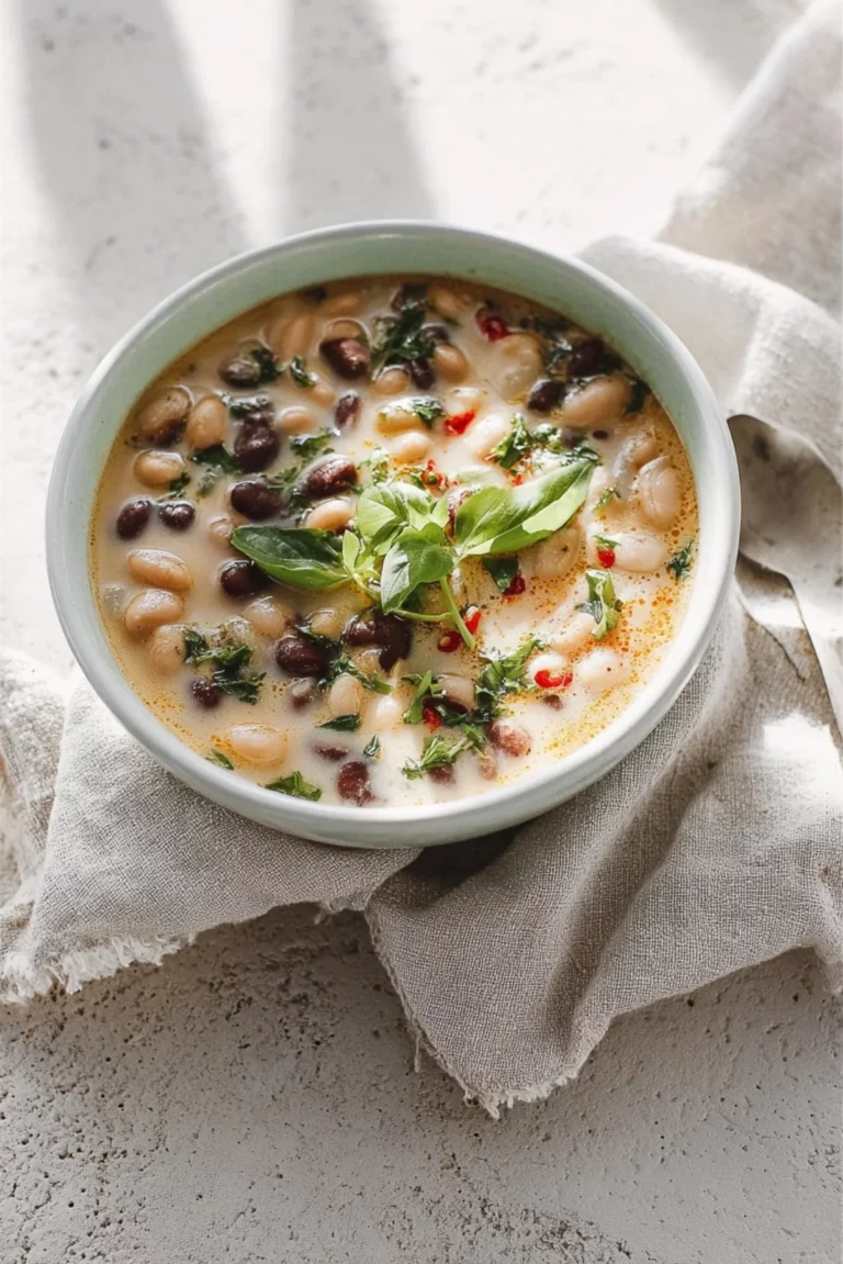 Bowl of simple coconut bean soup garnished with herbs.