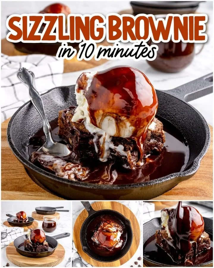 Delicious sizzling brownie served warm with chocolate drizzle and ice cream
