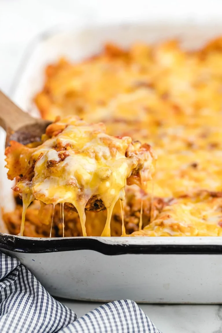 Delicious Sloppy Joe Casserole topped with cheese and served in a baking dish