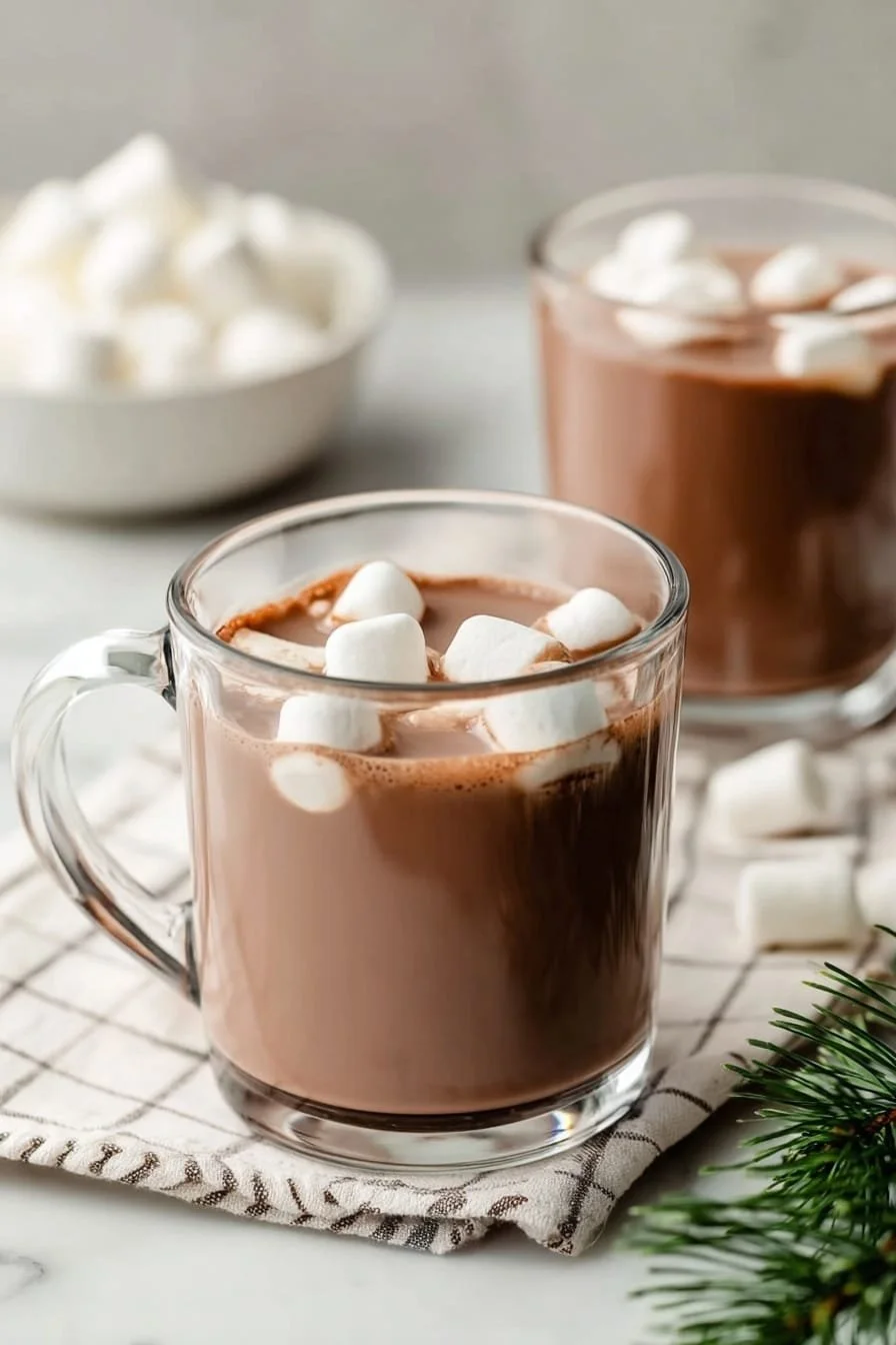Slow Cooker Hot Chocolate made with chocolate and vanilla ingredients in a cozy setting