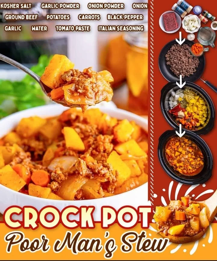 Hearty bowl of Slow Cooker Poor Man's Stew with vegetables and meat.