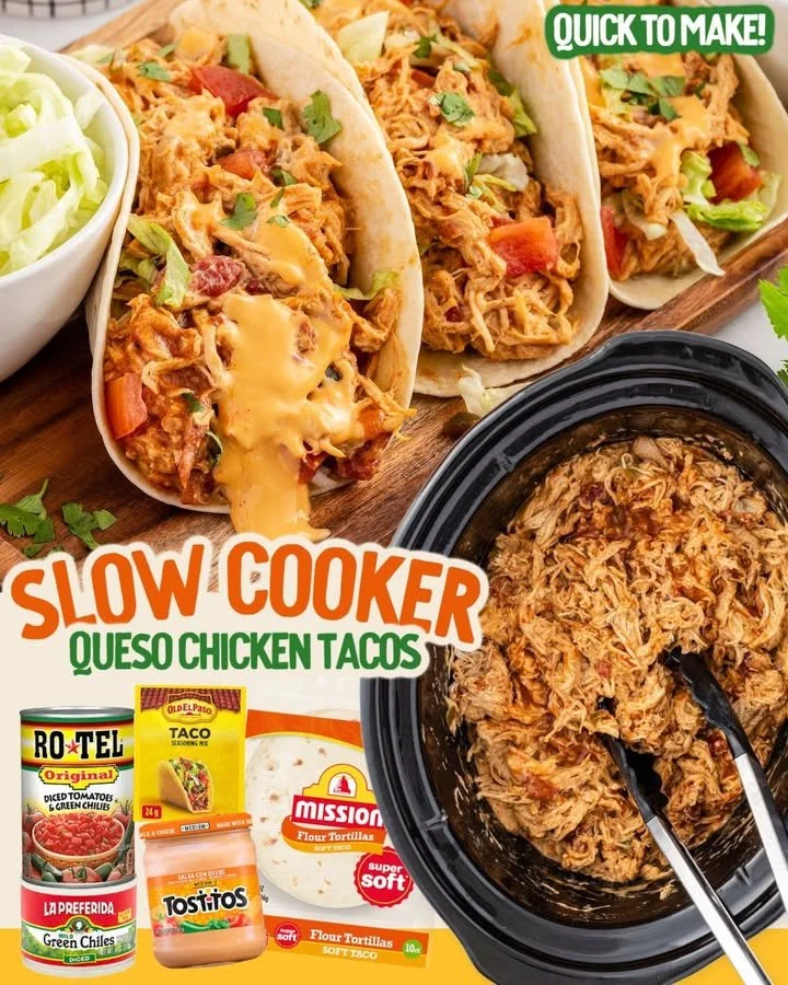 Delicious slow cooker queso chicken tacos served on a plate
