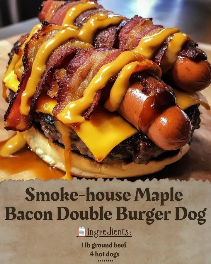 Delicious maple bacon double burger dog topped with smoky flavors.