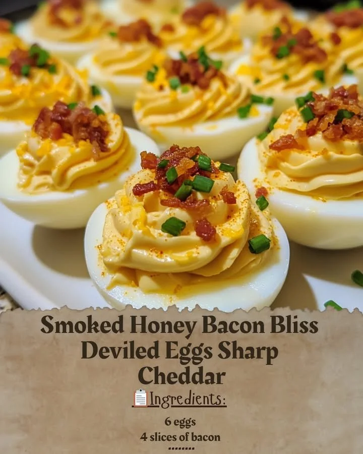 Smoked Honey Bacon Bliss Deviled Eggs with Sharp Cheddar