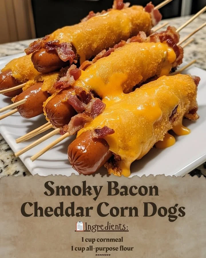Delicious smoky bacon cheddar corn dogs served with dipping sauce