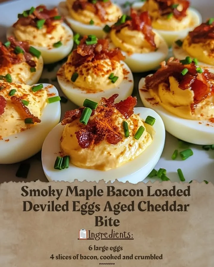 Smoky Maple Bacon Loaded Deviled Eggs with Aged Cheddar on a Plate