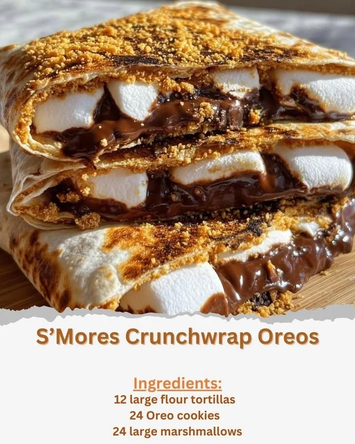 S'Mores Crunchwrap Oreos with layers of chocolate, marshmallow, and graham cracker