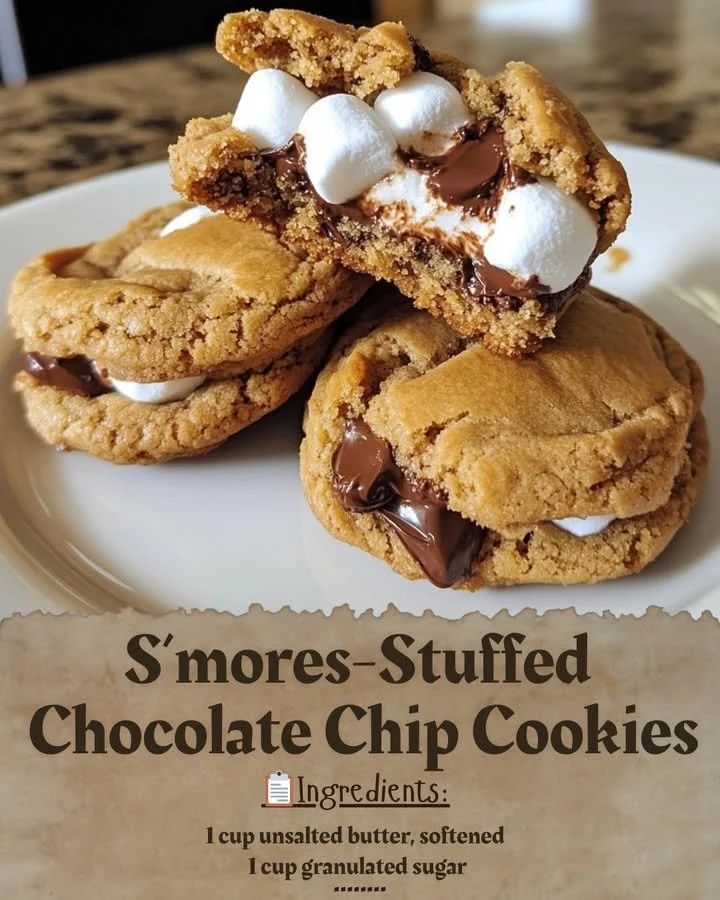 Delicious s'mores-stuffed chocolate chip cookies with gooey marshmallows.