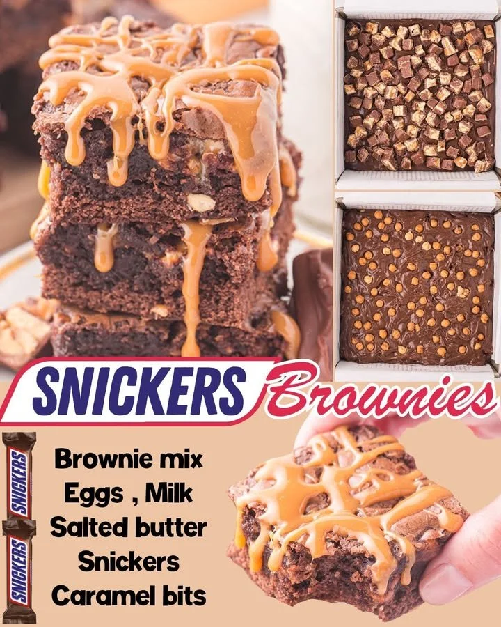 Decadent Snickers brownies topped with peanuts and caramel