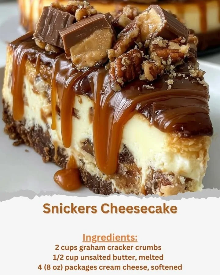 Delicious Snickers Cheesecake topped with chocolate and caramel
