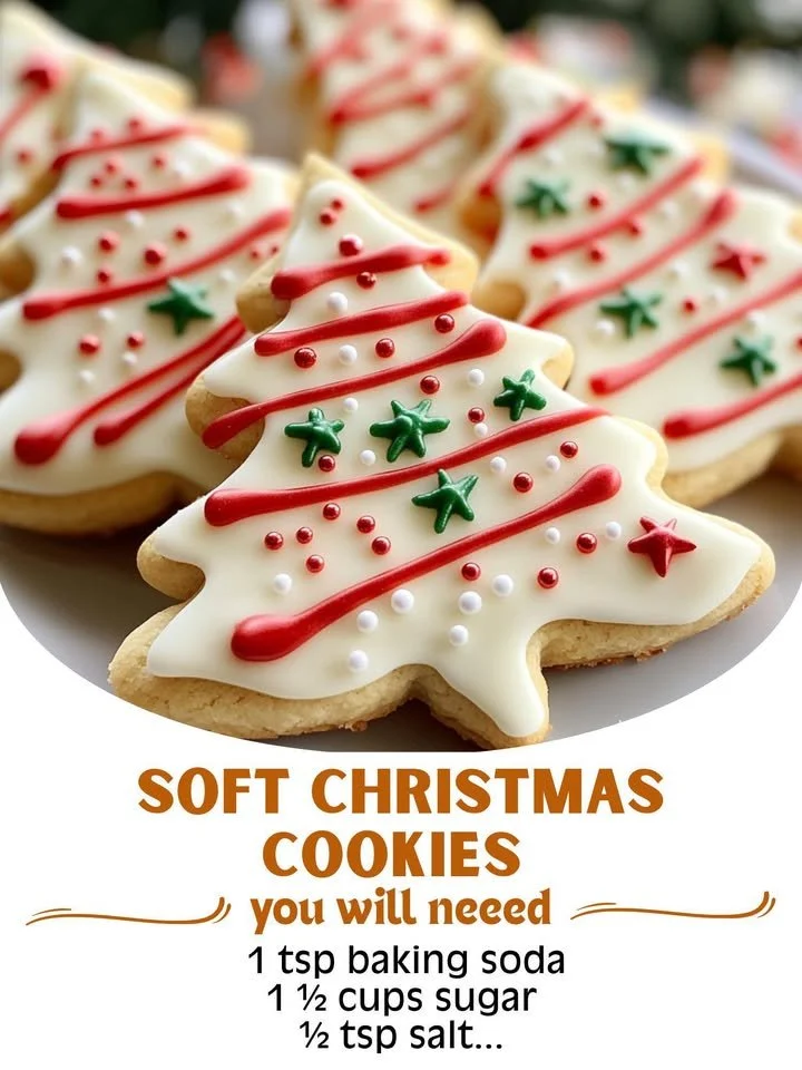 A tray of soft Christmas cookies decorated with icing and festive sprinkles.