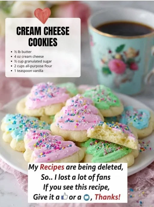 Plate of soft cream cheese cookies decorated with sprinkles and icing.