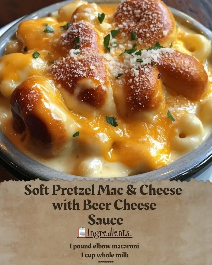 Soft Pretzel Mac and Cheese topped with Beer Cheese Sauce in a bowl.