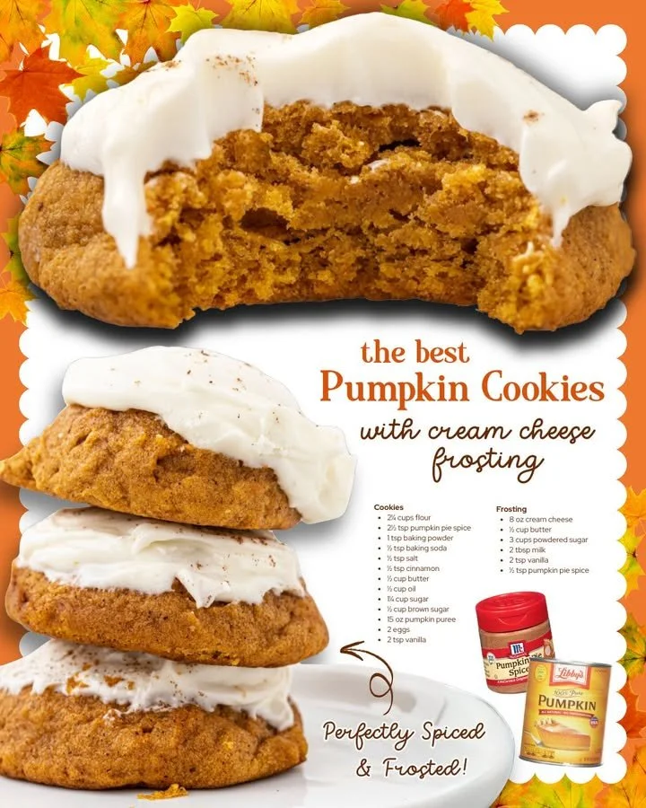 Soft pumpkin cookies with cream cheese frosting on a plate