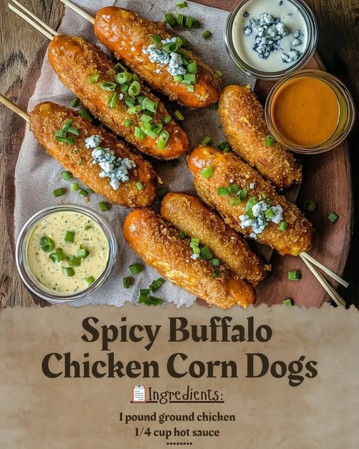 Delicious Spicy Buffalo Chicken Corn Dogs served with dipping sauce.