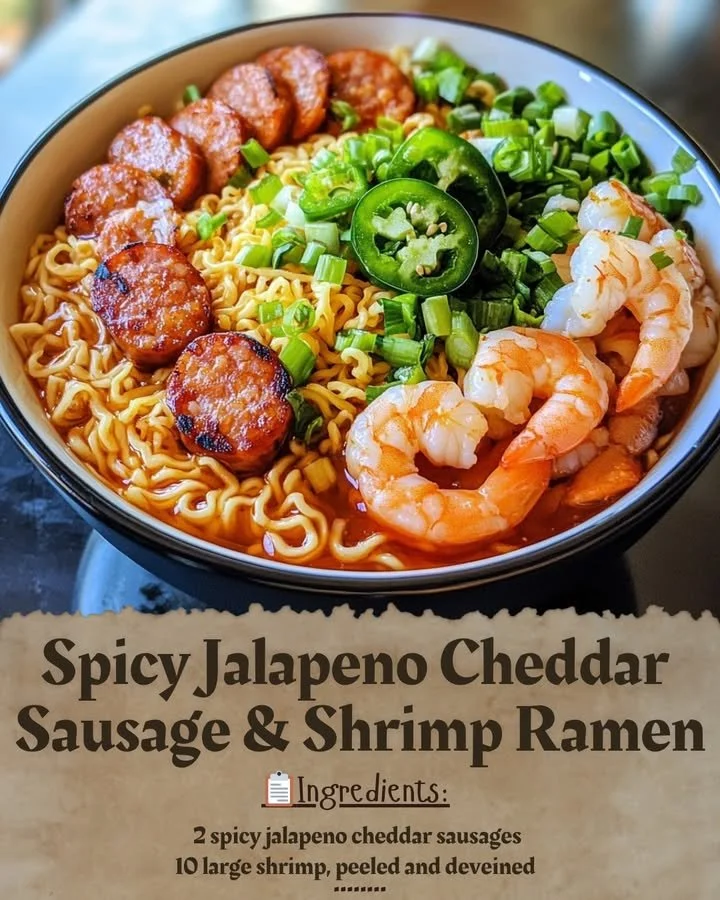 Spicy jalapeno cheddar sausage and shrimp ramen in a bowl