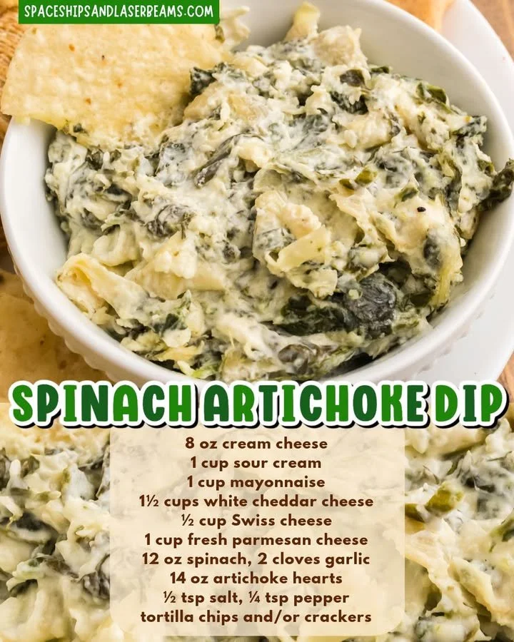 Creamy Spinach Artichoke Dip served in a bowl with tortilla chips