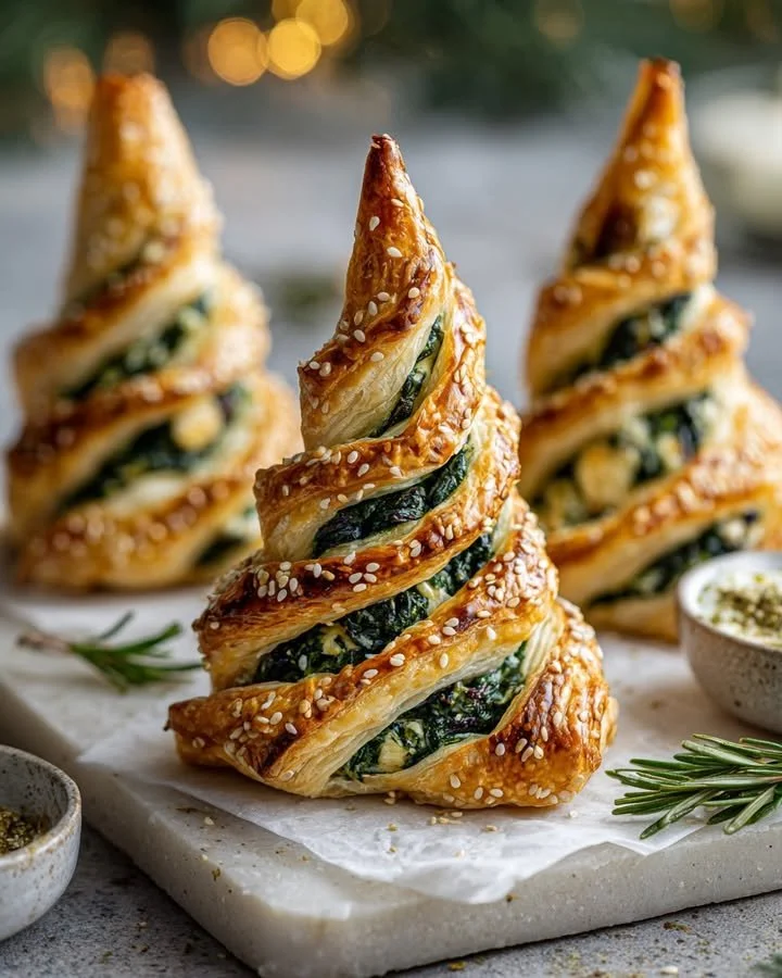 Spinach, feta, and cranberry puff pastry Christmas trees on a festive table