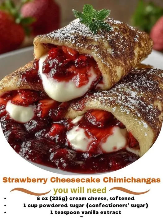 Delicious strawberry cheesecake chimichangas served on a plate with fresh strawberries
