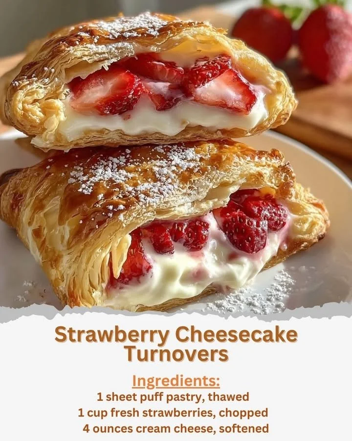 Strawberry cheesecake turnovers on a plate, topped with fresh strawberries