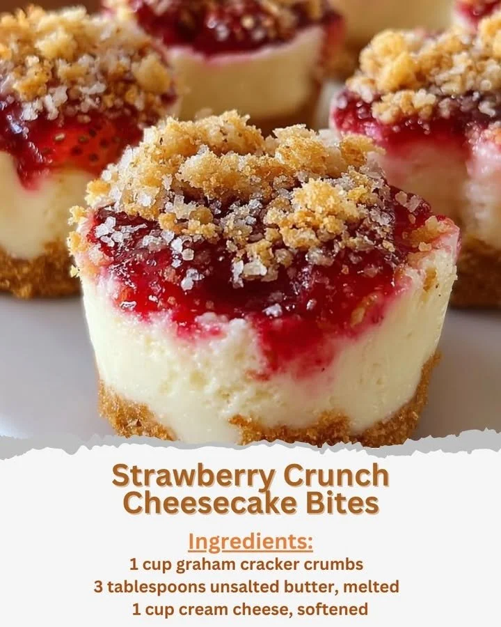 Strawberry Crunch Cheesecake Bites topped with crushed strawberries and cookies