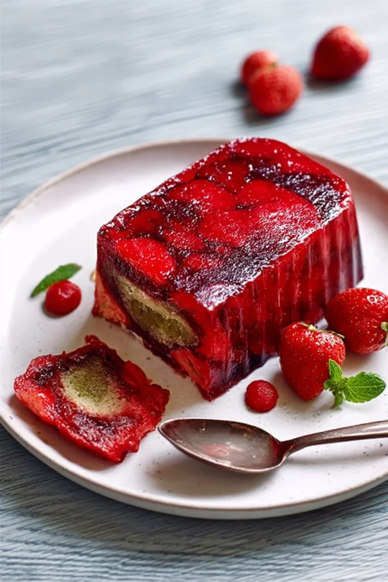 Delicious strawberry jelly summer pudding served in a clear dish with fresh berries