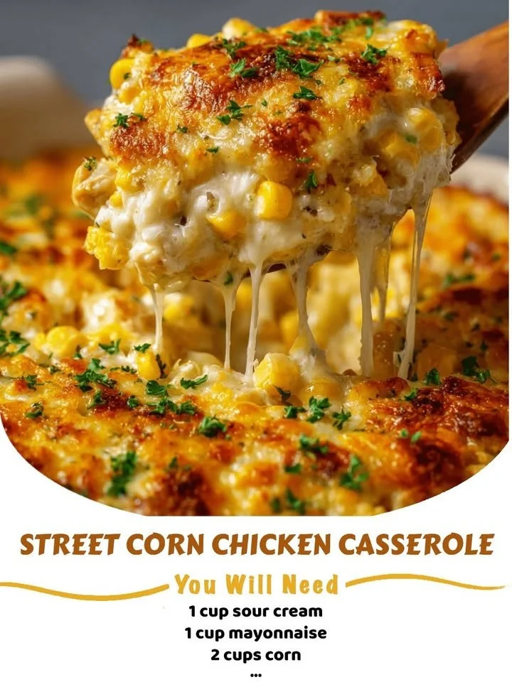 Delicious Street Corn Chicken Casserole topped with cheese and fresh ingredients