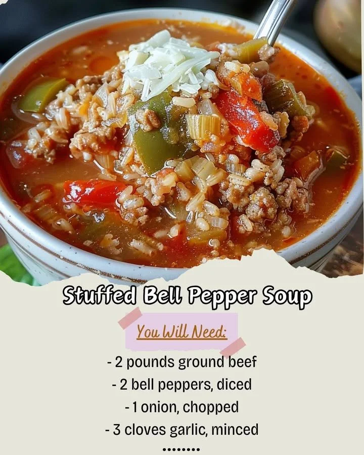 Delicious stuffed bell pepper soup garnished with fresh herbs